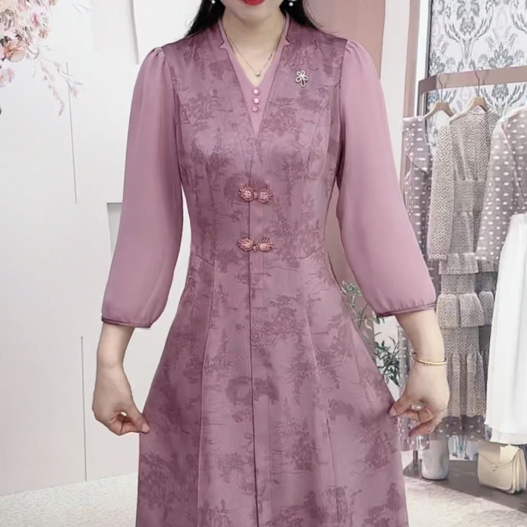 中式优雅国风气质2025春季新款修身显瘦提花减龄休闲中长款连衣裙