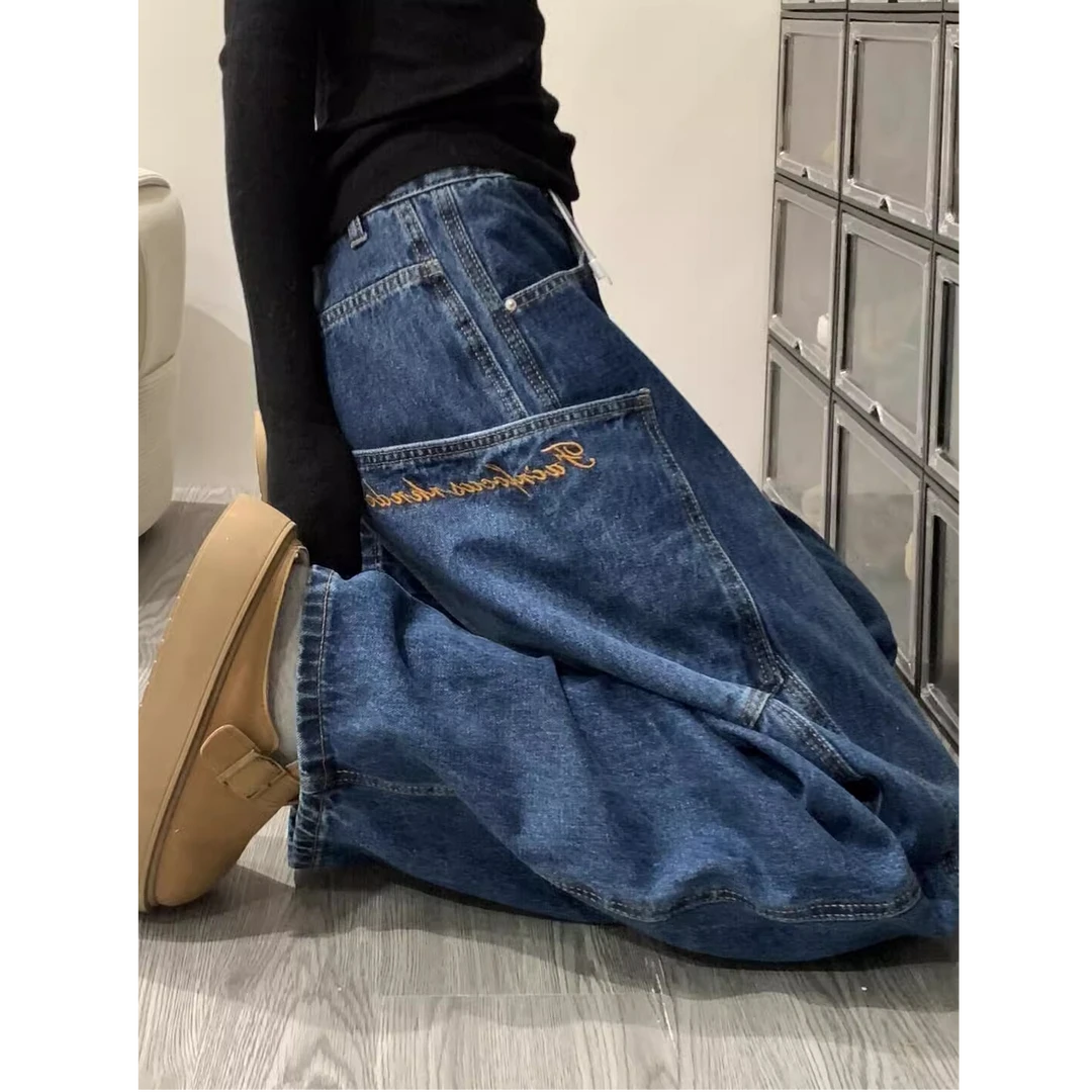 复古蓝大口袋弯刀牛仔裤女春秋设计感小众镰刀阔腿裤宽松显瘦长裤