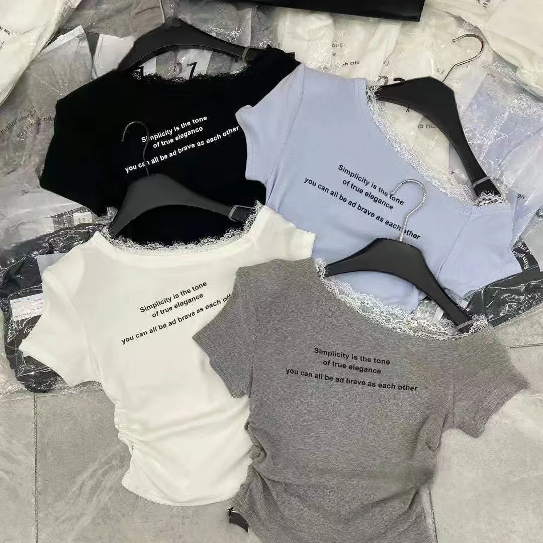 2025拼接字母夏季T恤短袖修身蕾丝新款设计短款辣妹显瘦上衣