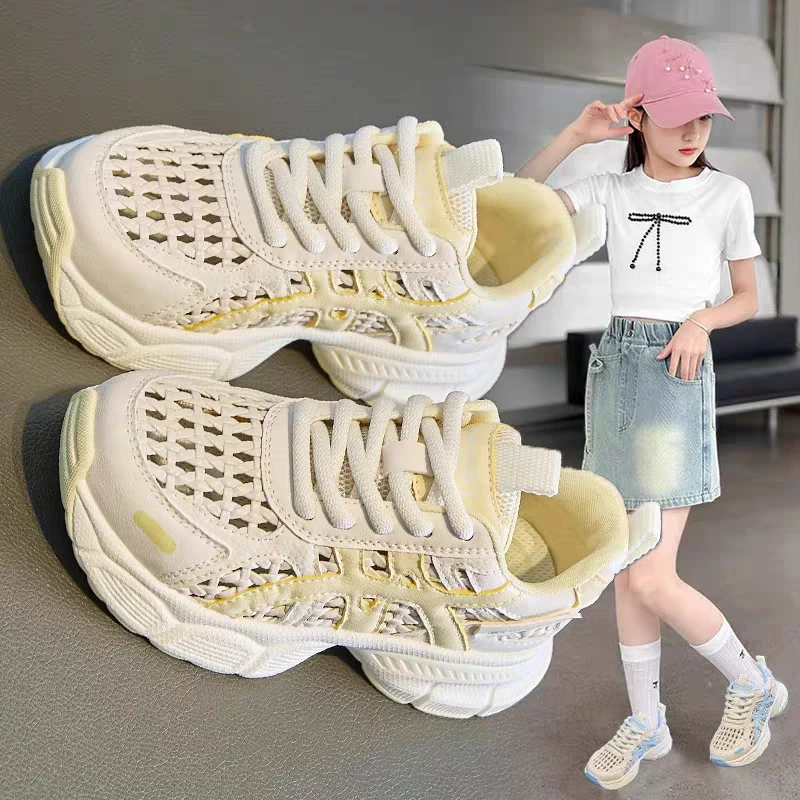 女童鞋子2025夏季新款镂空透气跑步鞋中大童小女孩时尚百搭运动鞋