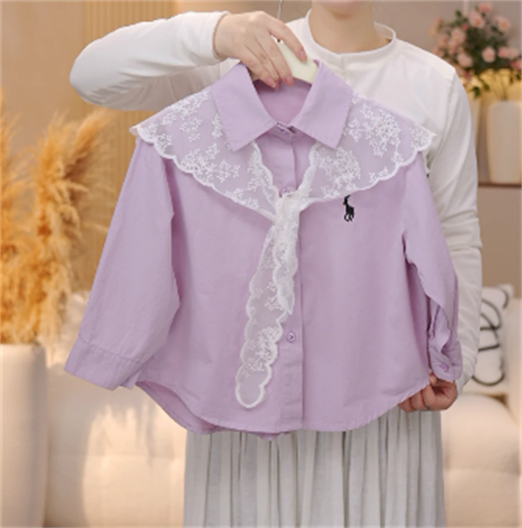 【CW】小众设计   春秋纯色翻领百搭衬衫“纱边披肩” CS