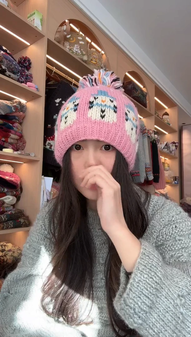 羊毛粉色雪人帽