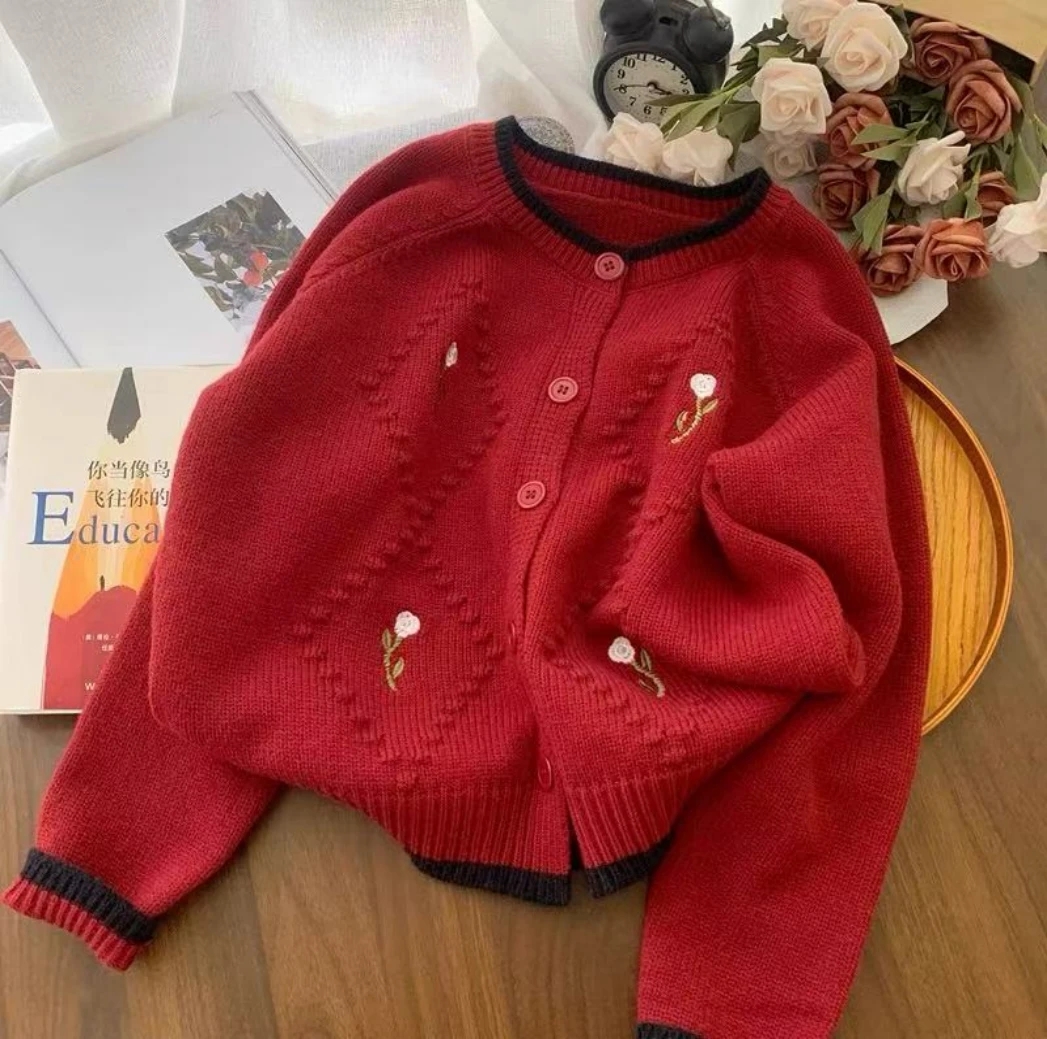 【小乐专享】圆领撞色小香风提花针织开衫外套451