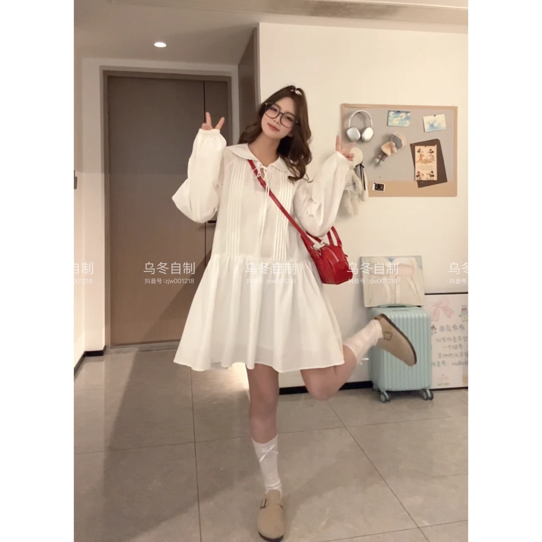 【乌冬自制】”初恋小白裙“娃娃领春夏棉质小白裙~带里衬