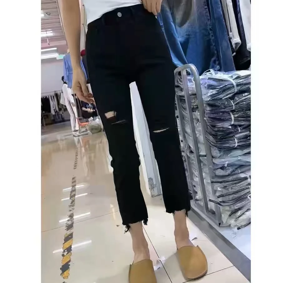 C16大橙子潮牌洋气百搭春夏魔力瘦腿修身高弹破洞小黑裤徐秋阳