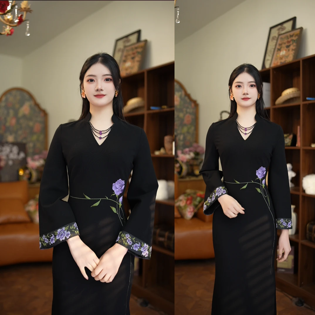 【尔尔古典美学】复古新中式刺绣旗袍【十里玫瑰（紫色）】秋冬修身