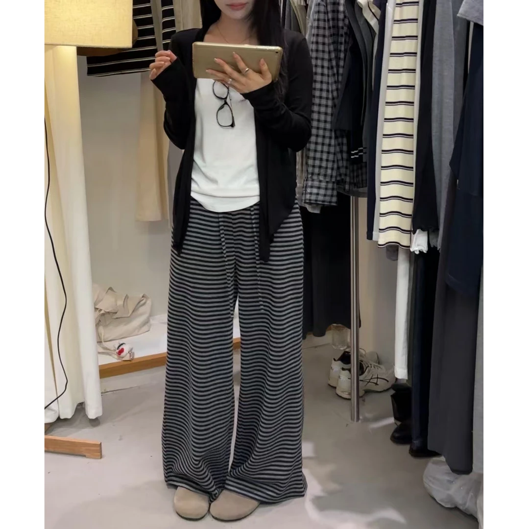 M-25390#纯欲慵懒风撞色条纹休闲裤女装禅意仙气飘飘