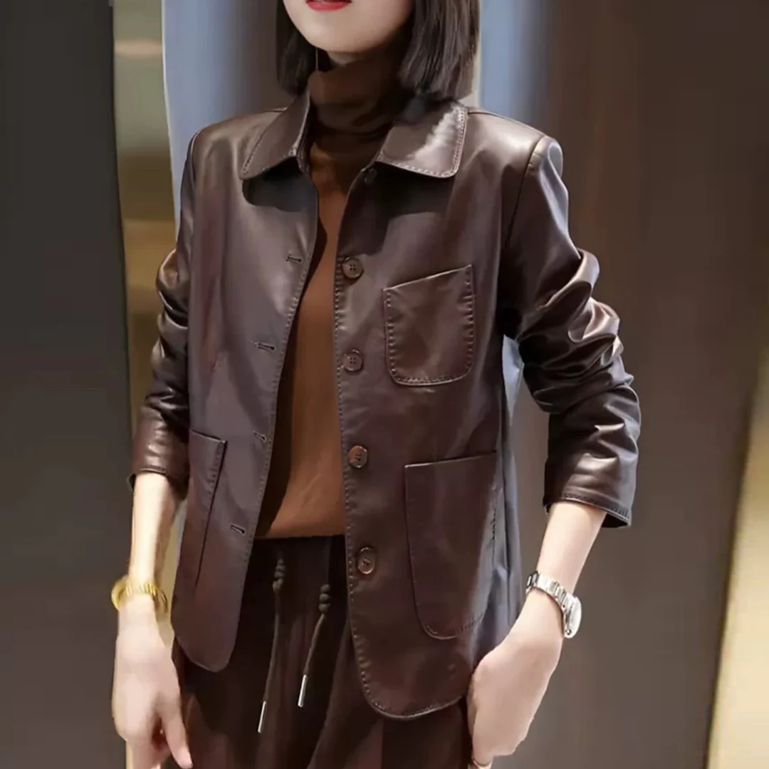 【单里衬】海宁正品2025春秋新款时尚休闲翻领气质皮衣外套女mz82