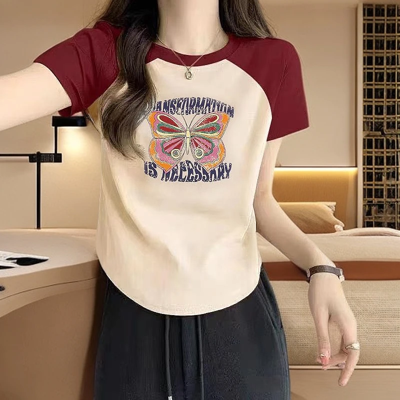 遮肉胖MM宽松显瘦女短T恤夏季百搭印花插肩袖拼色时尚潮流打底衫