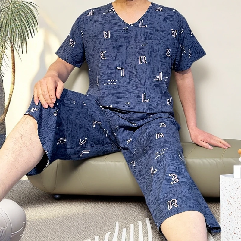 新款夏季男士绵绸大码短袖薄款家居服青年人造棉套装休闲绵绸睡衣