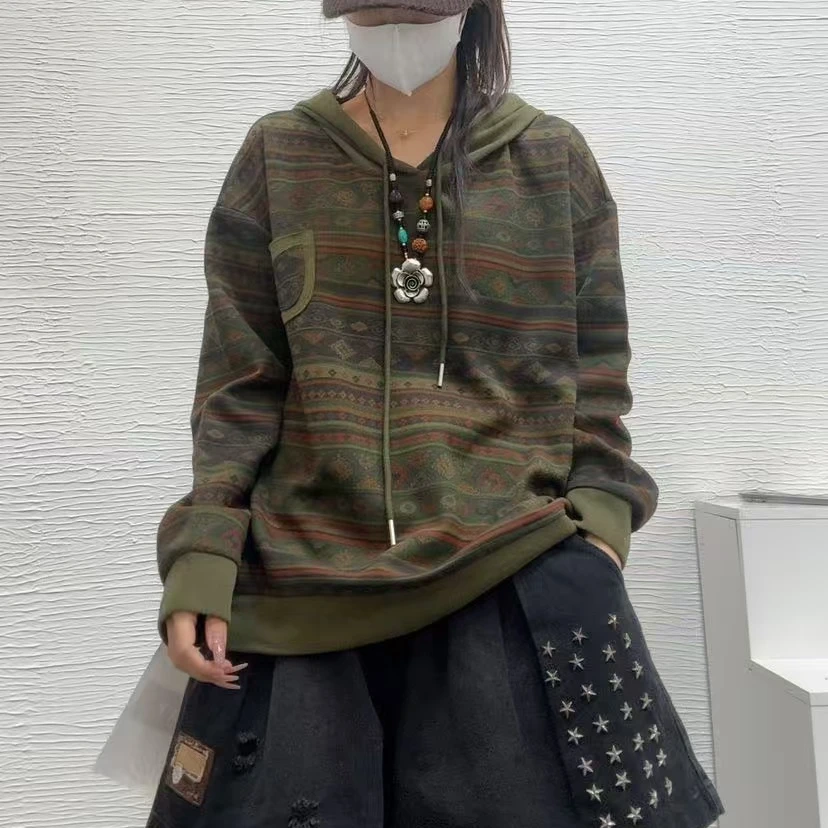 8472新款春季复古优雅减龄宽松长袖连帽T恤