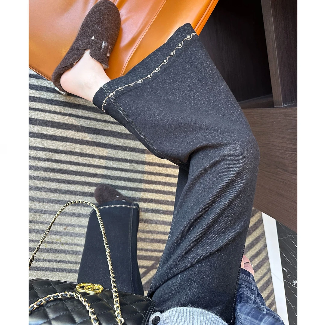 设计感刺绣花边阔腿牛仔裤女秋冬加绒款小个子高腰显瘦直筒九分裤