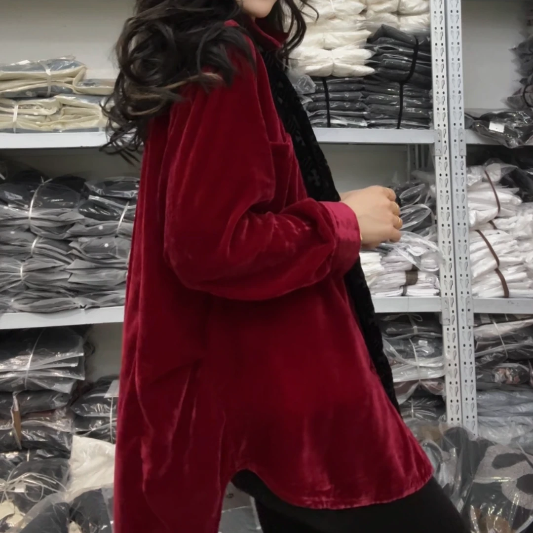 museguhui/木色古汇82507#丝绒时尚百搭宽松秋冬纯色衬衫