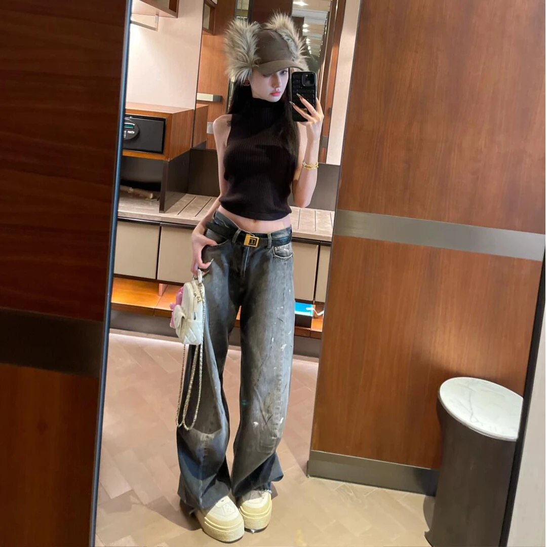 美式甜辣穿搭2025春季新款半高领修身显瘦背心配高腰阔腿牛仔裤