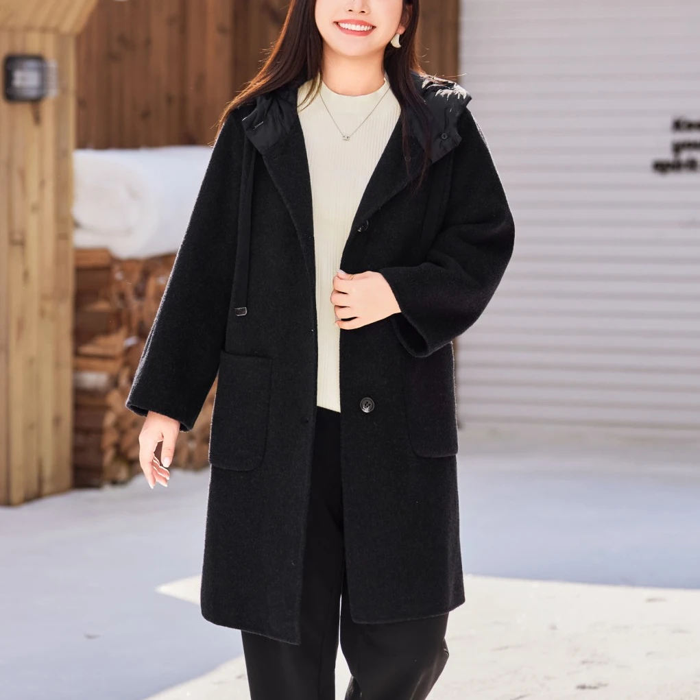 【现货100%绵羊毛】MsShe大码女秋冬连帽双面毛呢外套J~C2510003