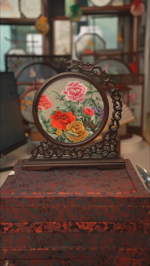 扇子龙头架 苏绣双面绣摆台