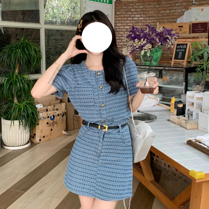 时尚牛仔上衣短裙两件2025夏季新款修身显瘦套装炸街时尚港风