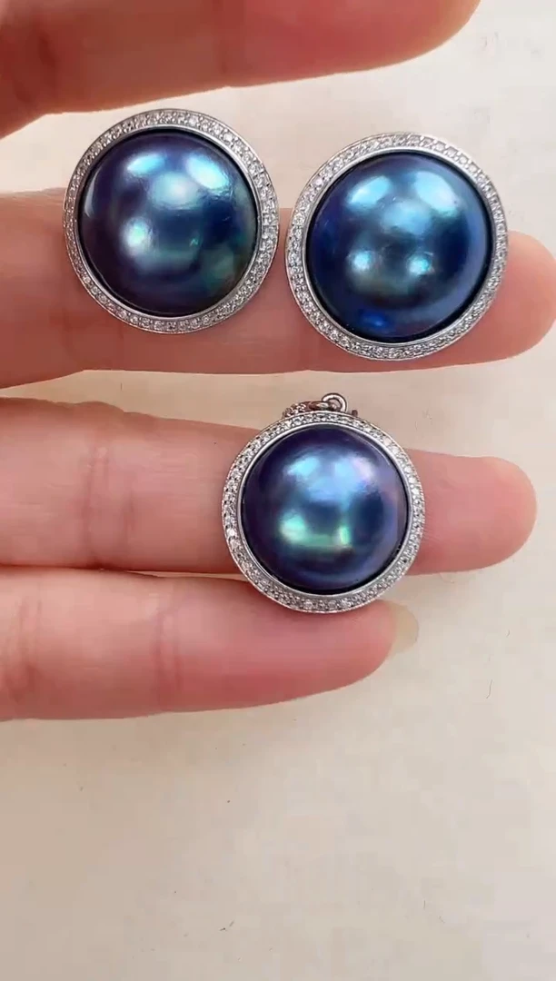 【闪购商品】拼合珍珠（马贝珠）耳饰银S925镶嵌蓝色太阳花套装