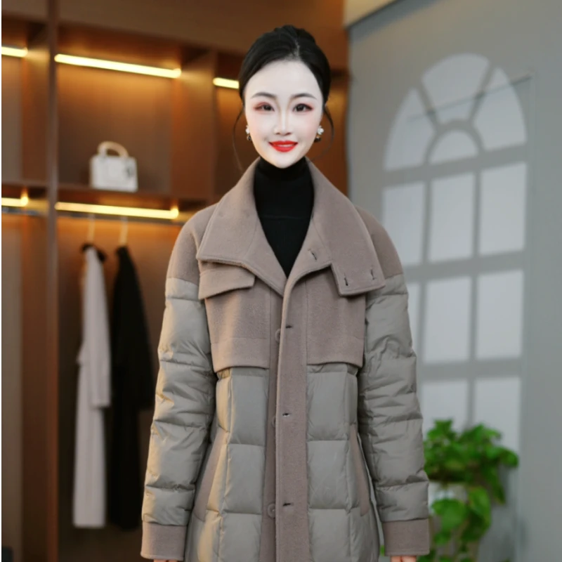 双面呢拼接白鸭绒长款过膝羽绒服M-4XL