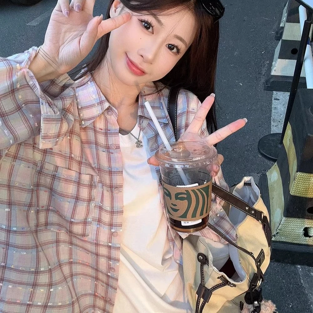 长袖休闲格子POLO领青常规衬衫宽松情侣格子衬衫薄款百搭夏季