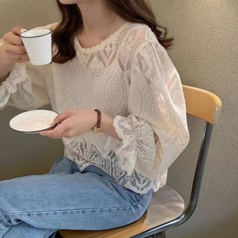 GPTSu爆款蕾丝衫雪纺衬衫女装春秋新款宽松洋气时尚小衫长袖上衣