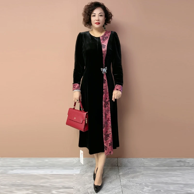 829蕾丝显瘦气质长袖时尚长款秋冬高贵洋气复古国风修身过膝丝绒