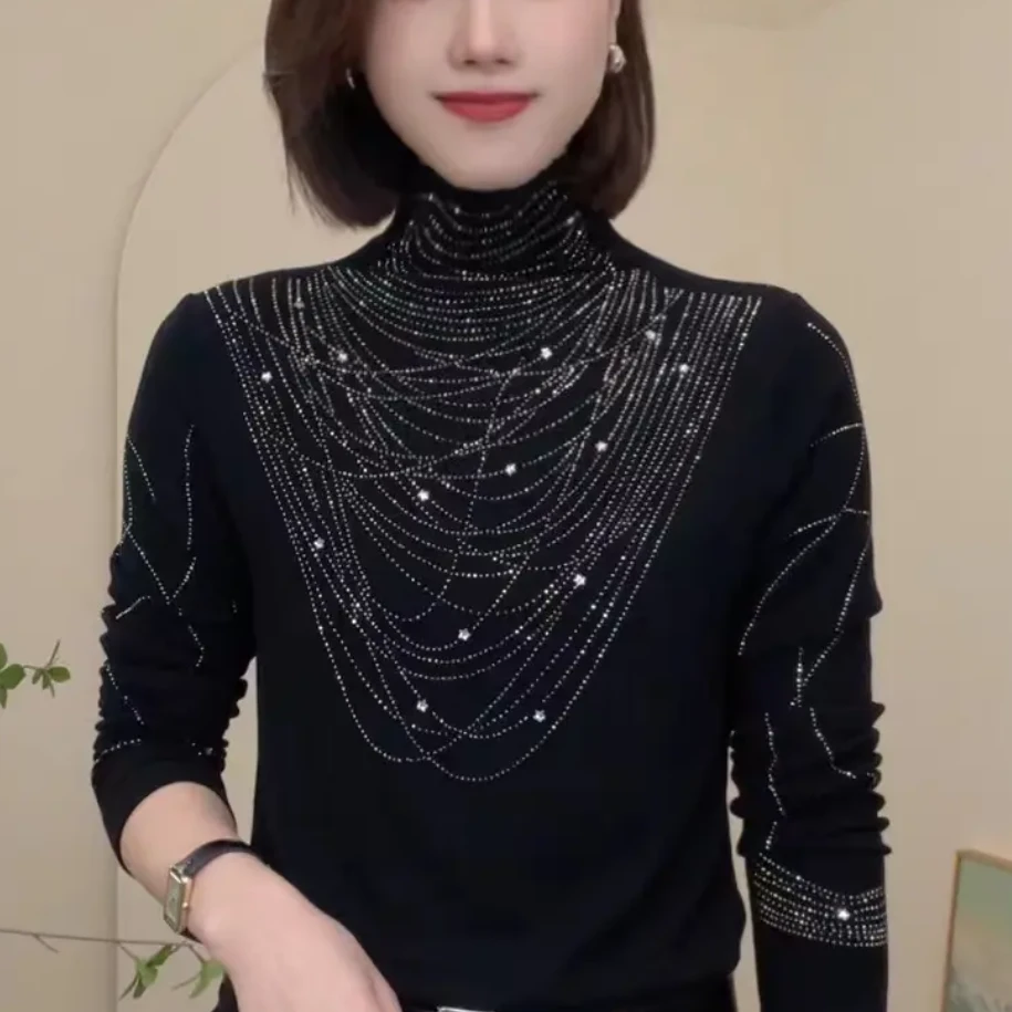 高档洋气减龄半高领烫钻长袖t恤女秋冬季新款气质内搭打底衫上衣