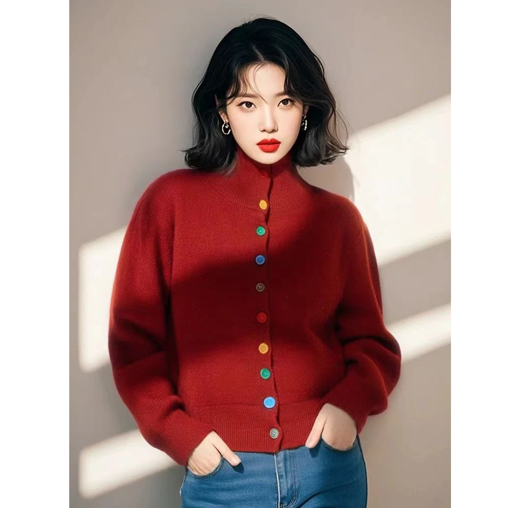 韩系复古简约立领彩色磨砂纽扣设计感小众针织开衫 8978#