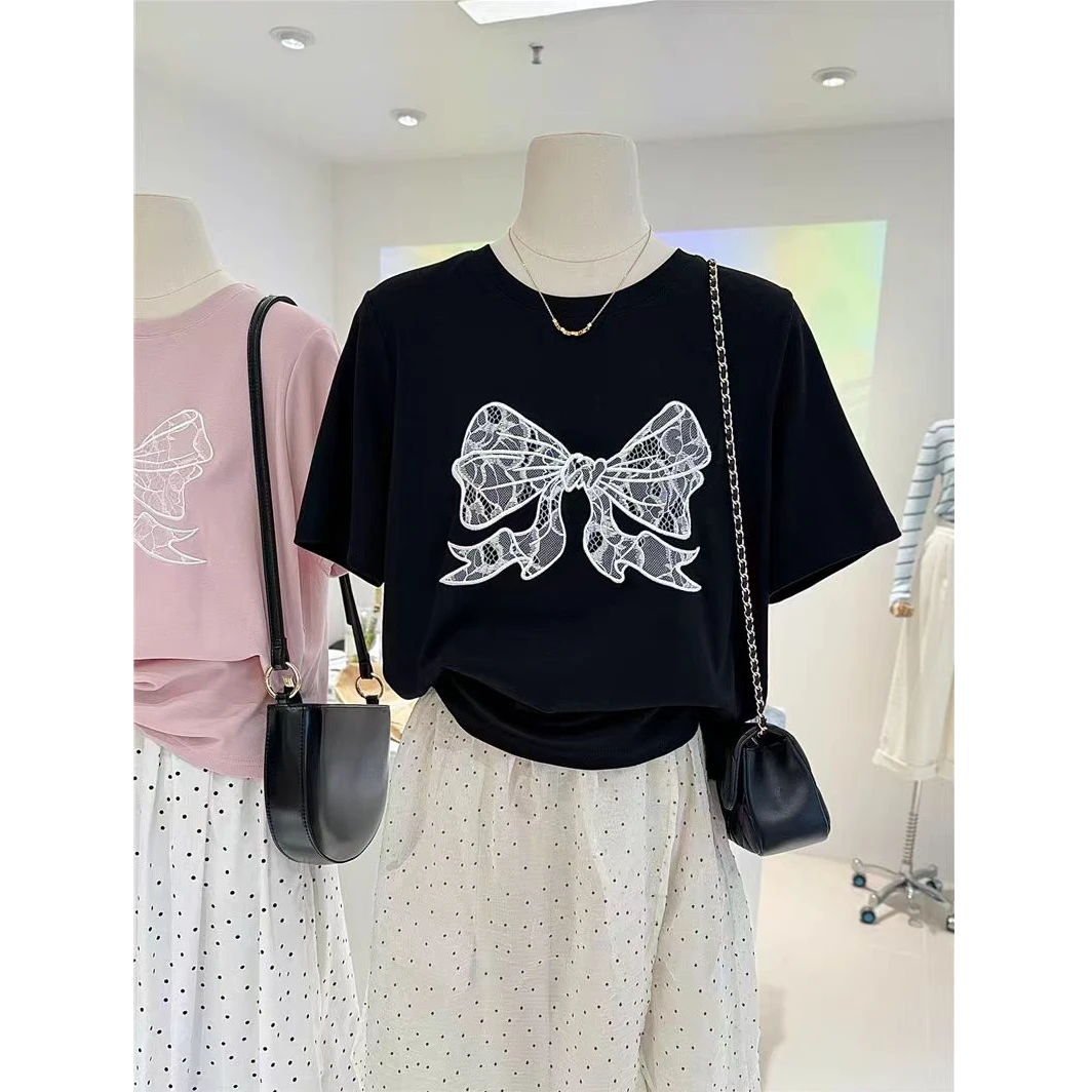 纯棉刺绣蕾丝蝴蝶结韩系夏拼色设计感小众短袖t恤女半袖tee衫上衣