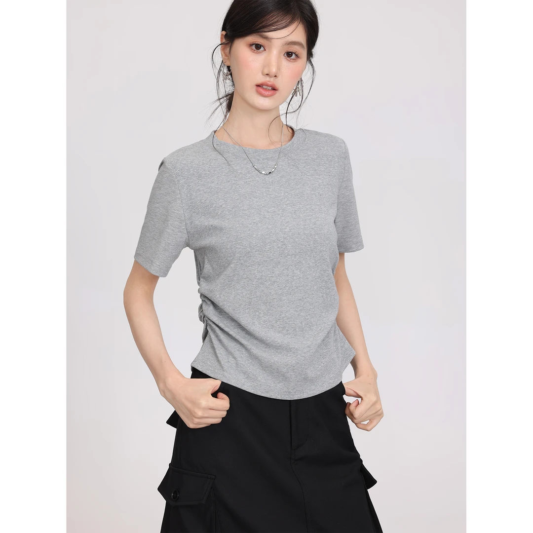 爱蔷薇大码微胖正肩灰色短袖t恤女2025新款夏季掐腰上衣女GT76410
