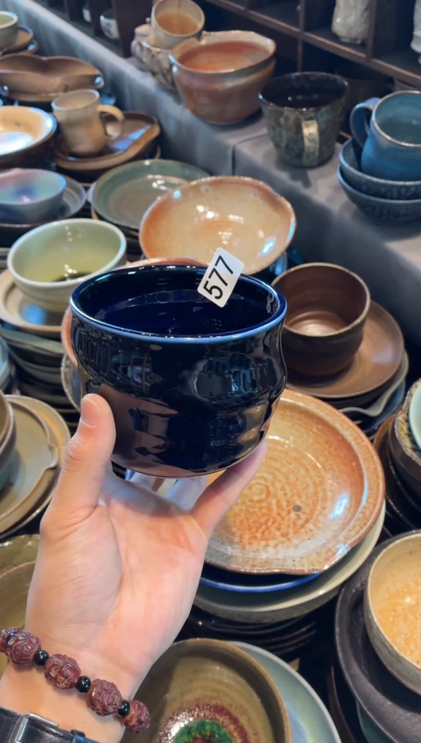 瓷片边**梦577微瑕季蓝手工扭扭碗1个