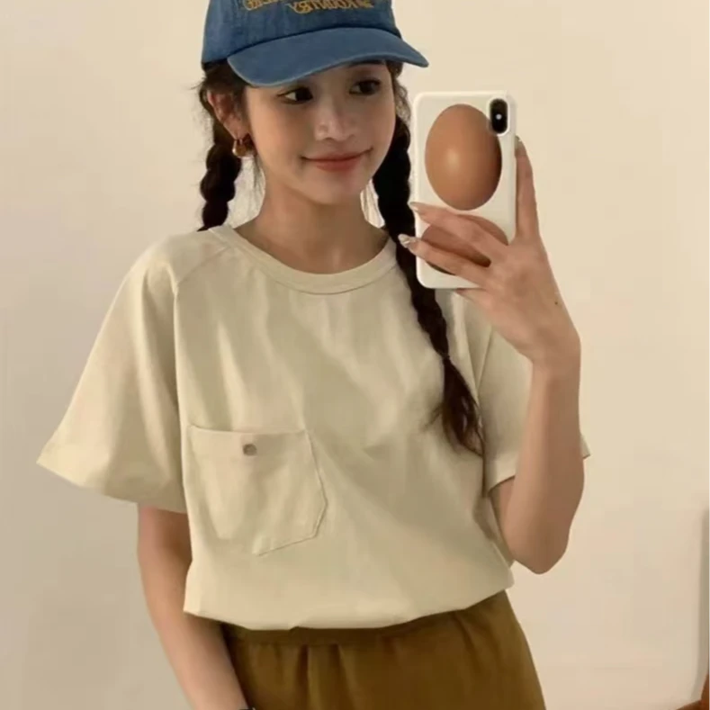 韩系T恤个性斜口袋设计纯棉休闲百搭显瘦高级设计感短袖