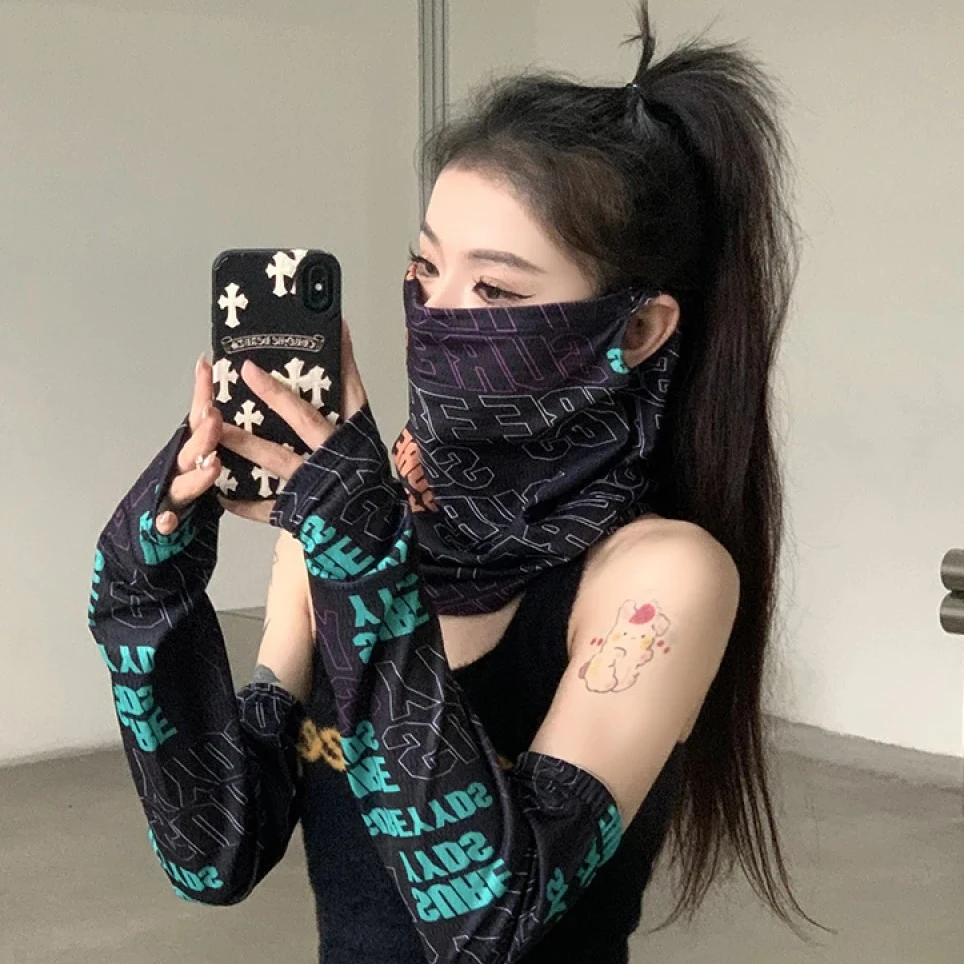 防晒面罩夏天女士遮阳长款袖套冰丝冰袖面纱防紫外线护颈夏季骑行