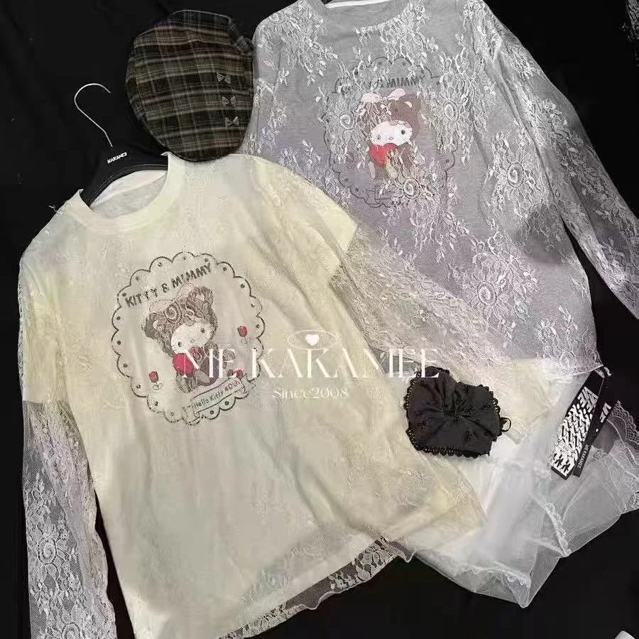 韩版甜酷拼接蕾丝设计感假两件小熊长袖T恤女上衣+蕾丝裙俩件套