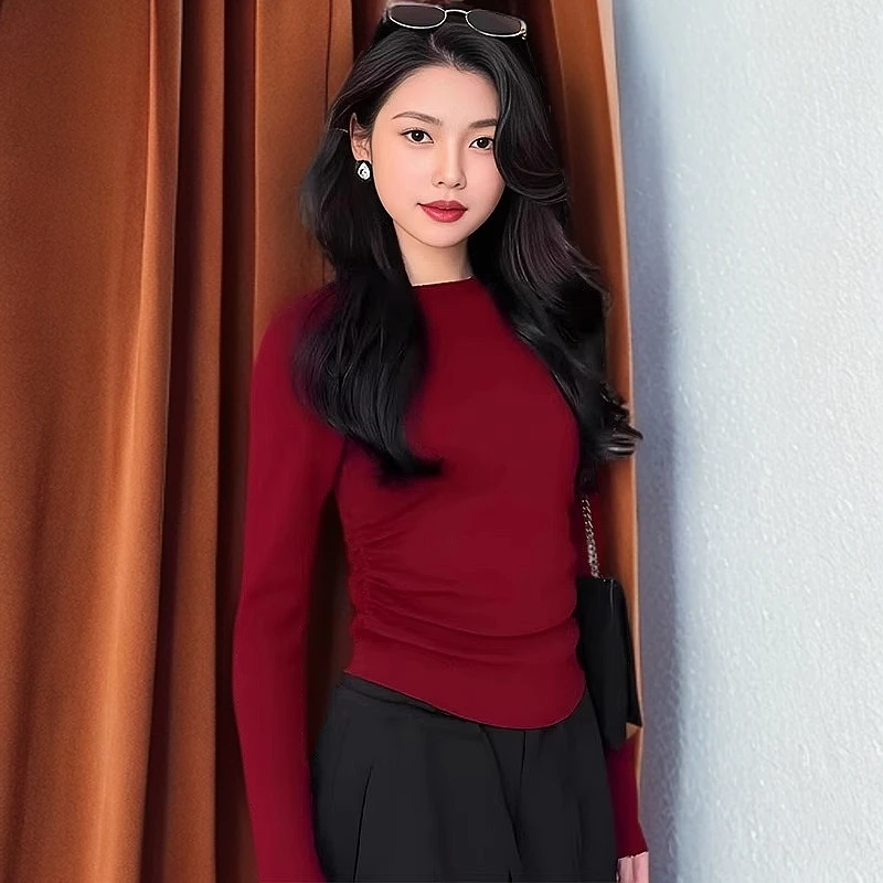 安哥拉红针织衫女春秋2025新款韩系chic褶皱内搭修身打底衫上衣潮