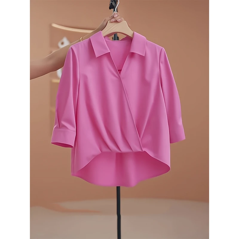 时尚超好看粉色POLO领短袖衬衫女夏季新款超人气休闲减龄显白上衣