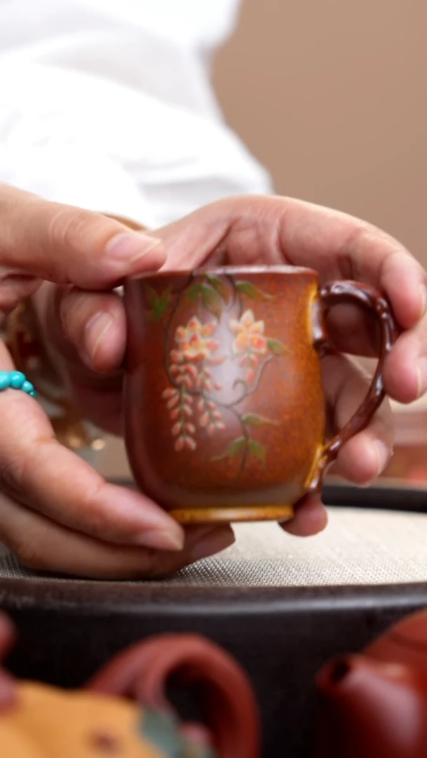 茶壶紫砂柴烧手把杯粉链花