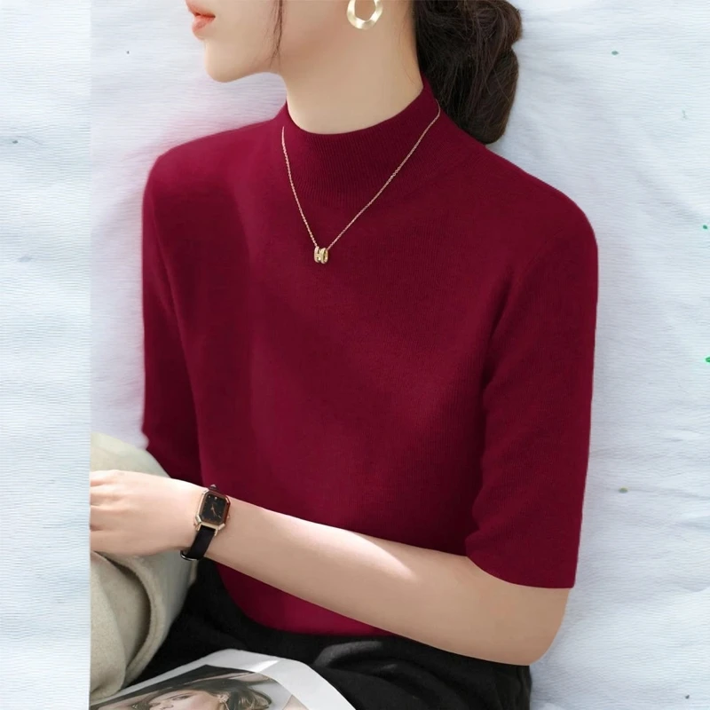 洋气半高领中袖针织修身打底衫女秋季2024新款显瘦内搭五分袖上衣