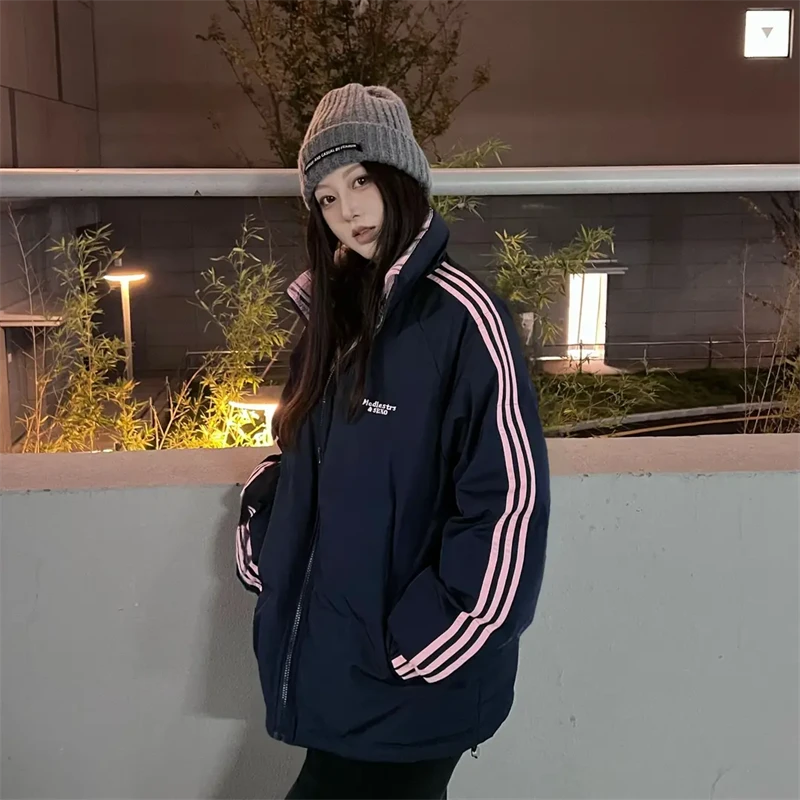 冬季新款加厚棉衣男女同款美式休闲慵懒风三条杠撞色面包服外套潮