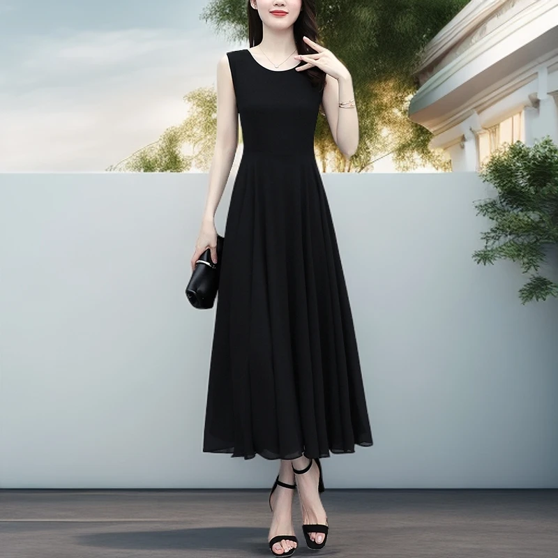 气质大码连衣裙收腰无袖显瘦长裙子女装大摆中老年背心裙黑色夏季