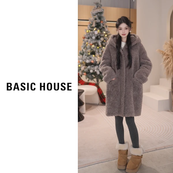 Basic House/百家好冬季新款连帽休闲减龄羊羔毛外套B1194B5C692
