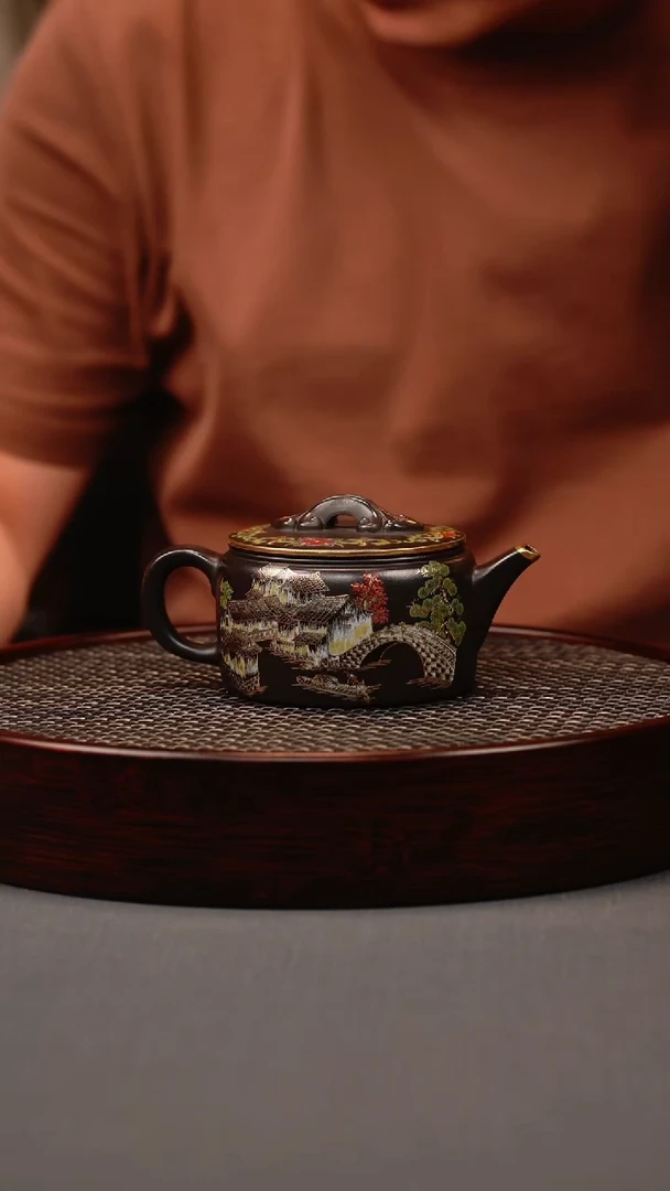 茶壶紫砂石黄 汉瓦 忆江南珐琅彩