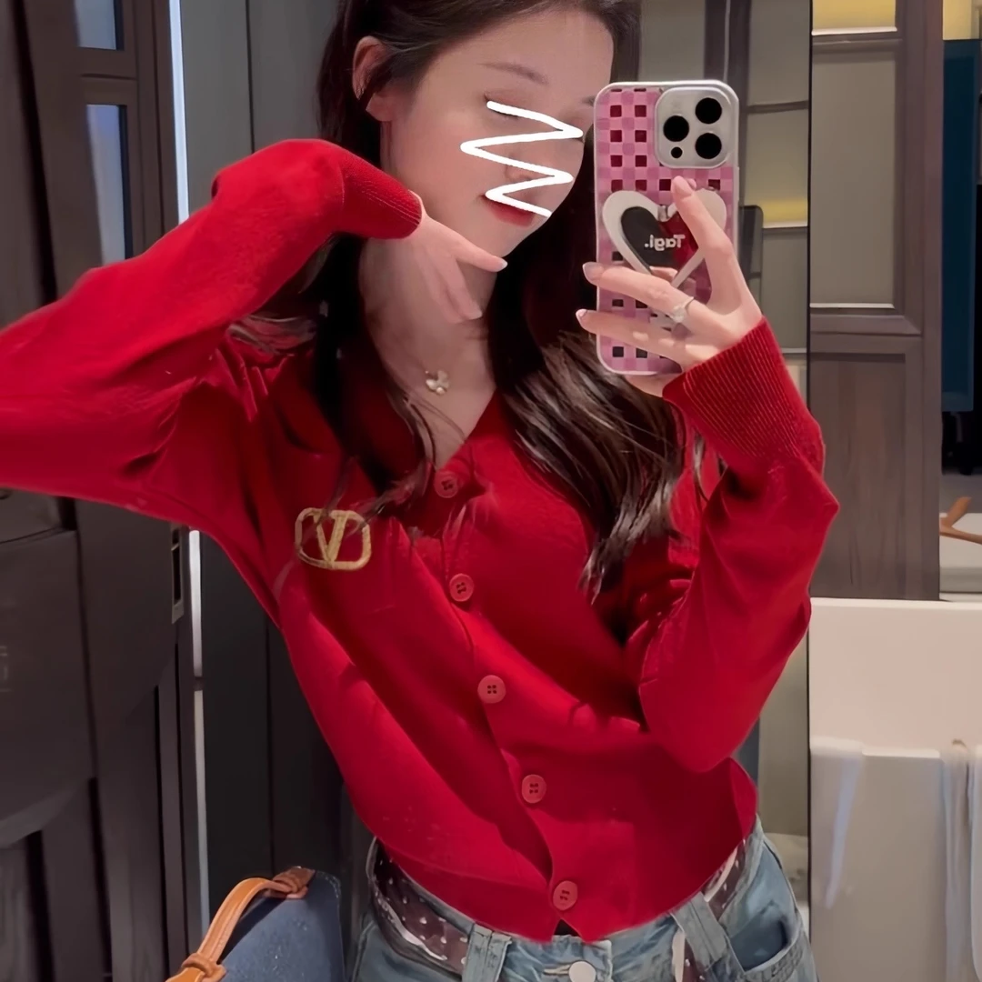 韩系慵懒风时尚洋气V领INS风刺绣单排扣长袖针织开衫上衣女春秋款