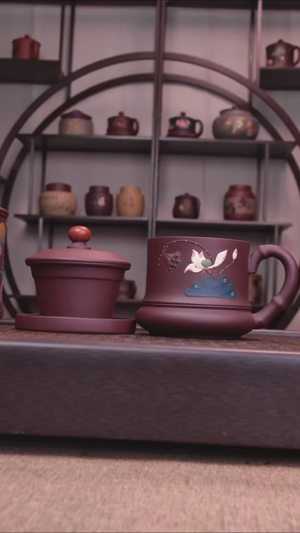 茶杯紫砂鸿运当头荷花莲子四件套350-400CC容量