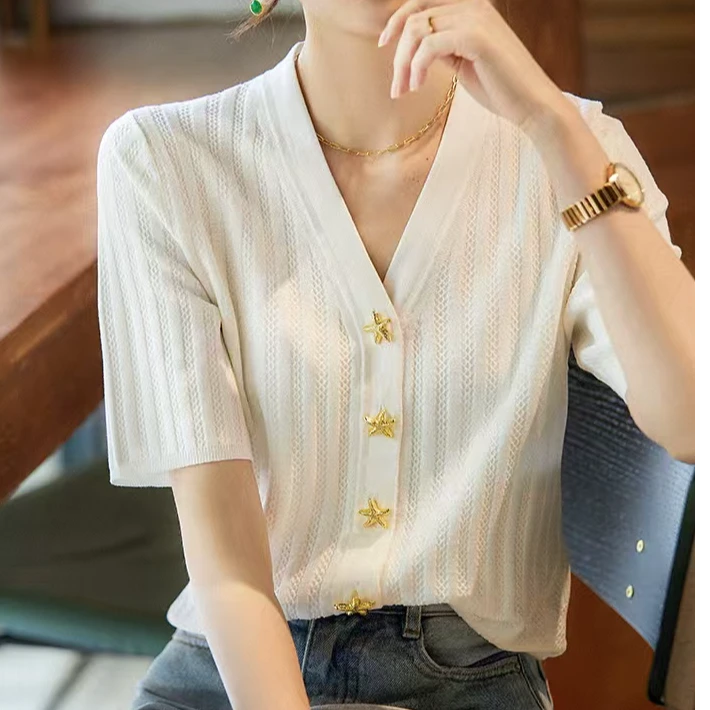 【星星扣】短袖针织开衫女提花气质薄款半袖外套2025新款显瘦外搭