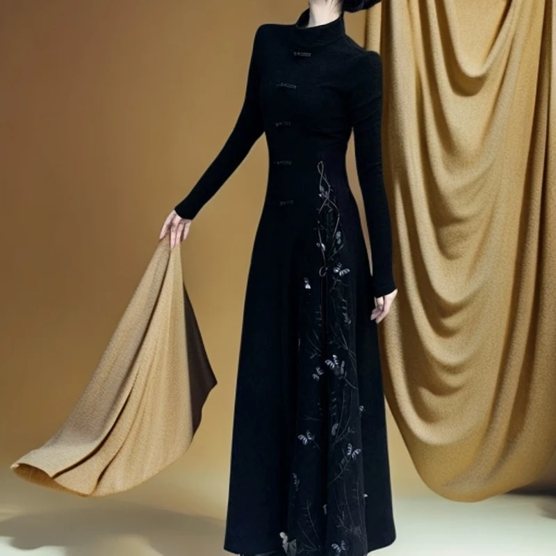 锡特帕第秋季新中式独特女装国风高级感佛系禅意黑色旗袍连衣裙子