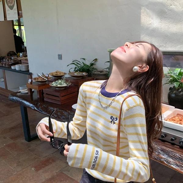 条纹撞色刺绣长袖T恤早秋新款韩系气质修身显瘦设计感小众上衣女