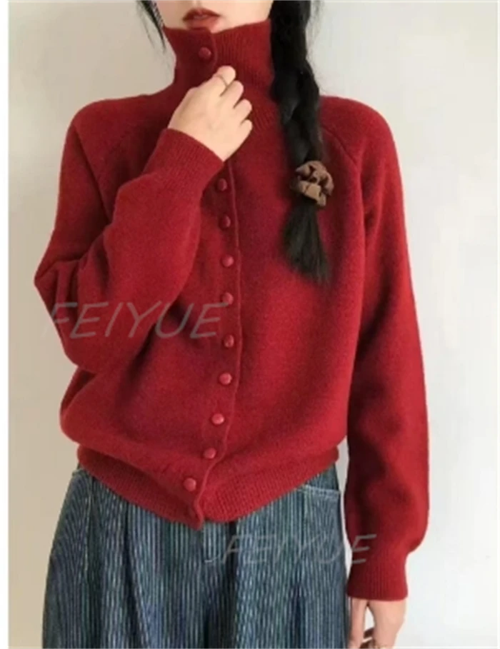 黄色立领毛衣开衫外套女秋冬加厚韩系穿搭宽松慵懒风高领针织外套