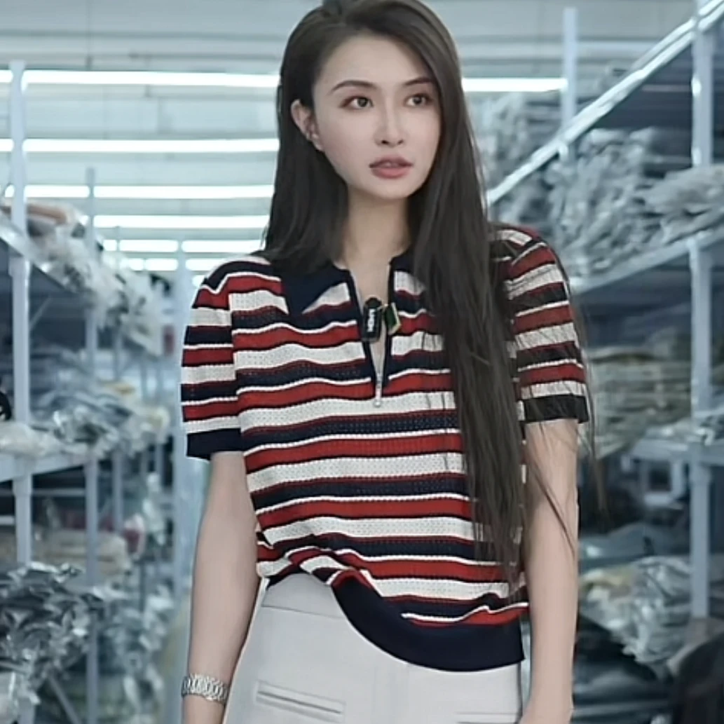 【例畔精选】夏季百搭镂空提花翻领条纹气质时尚减龄针织衫A424#
