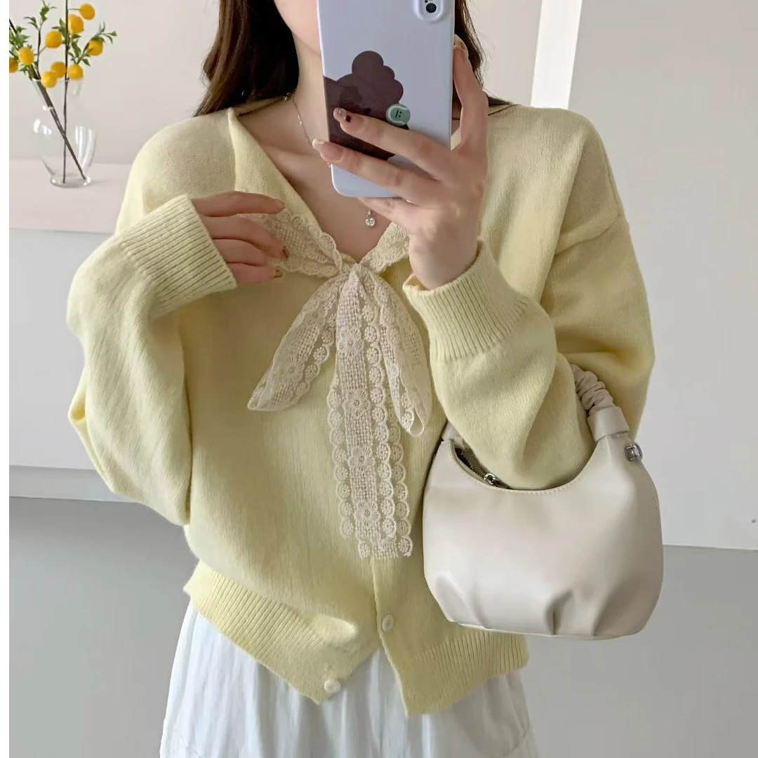 法式蕾丝蝴蝶结V领针织衫女秋季宽松漂亮上衣高级感独特漂亮小衫